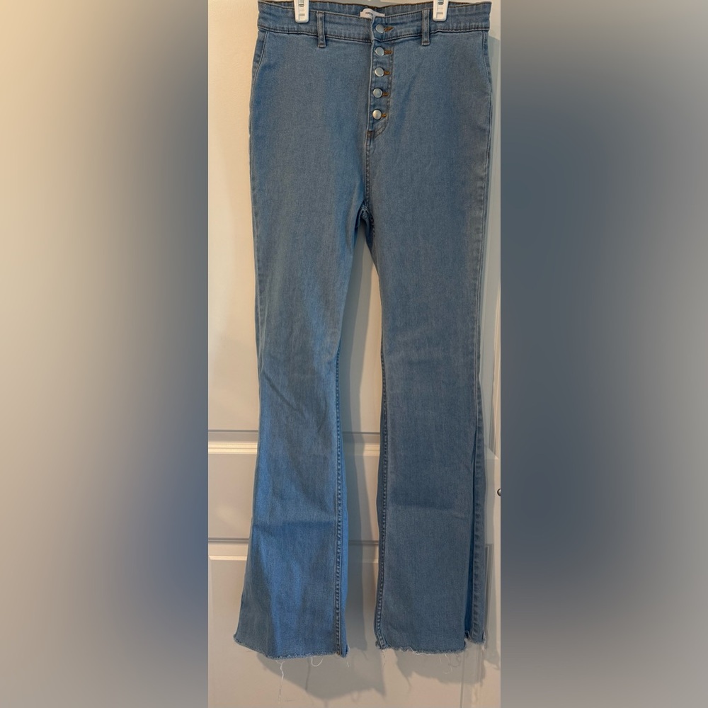 Forever 21 Women's Blue Flared Jeans with Button Up Front